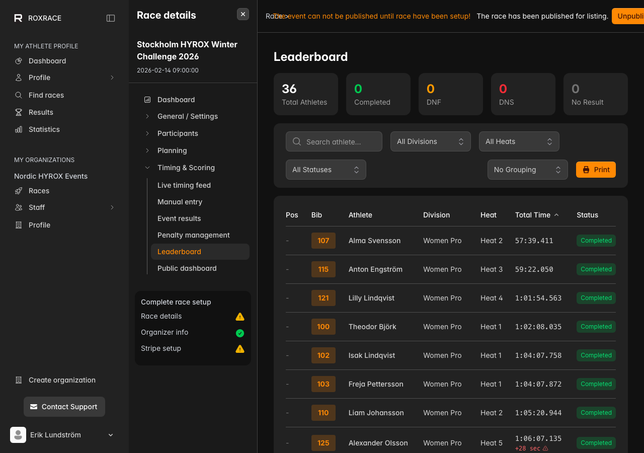 Leaderboard with times, penalties, and filters