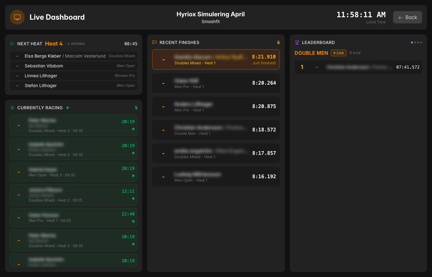 Live spectator dashboard with next heat, recent finishes, and leaderboard
