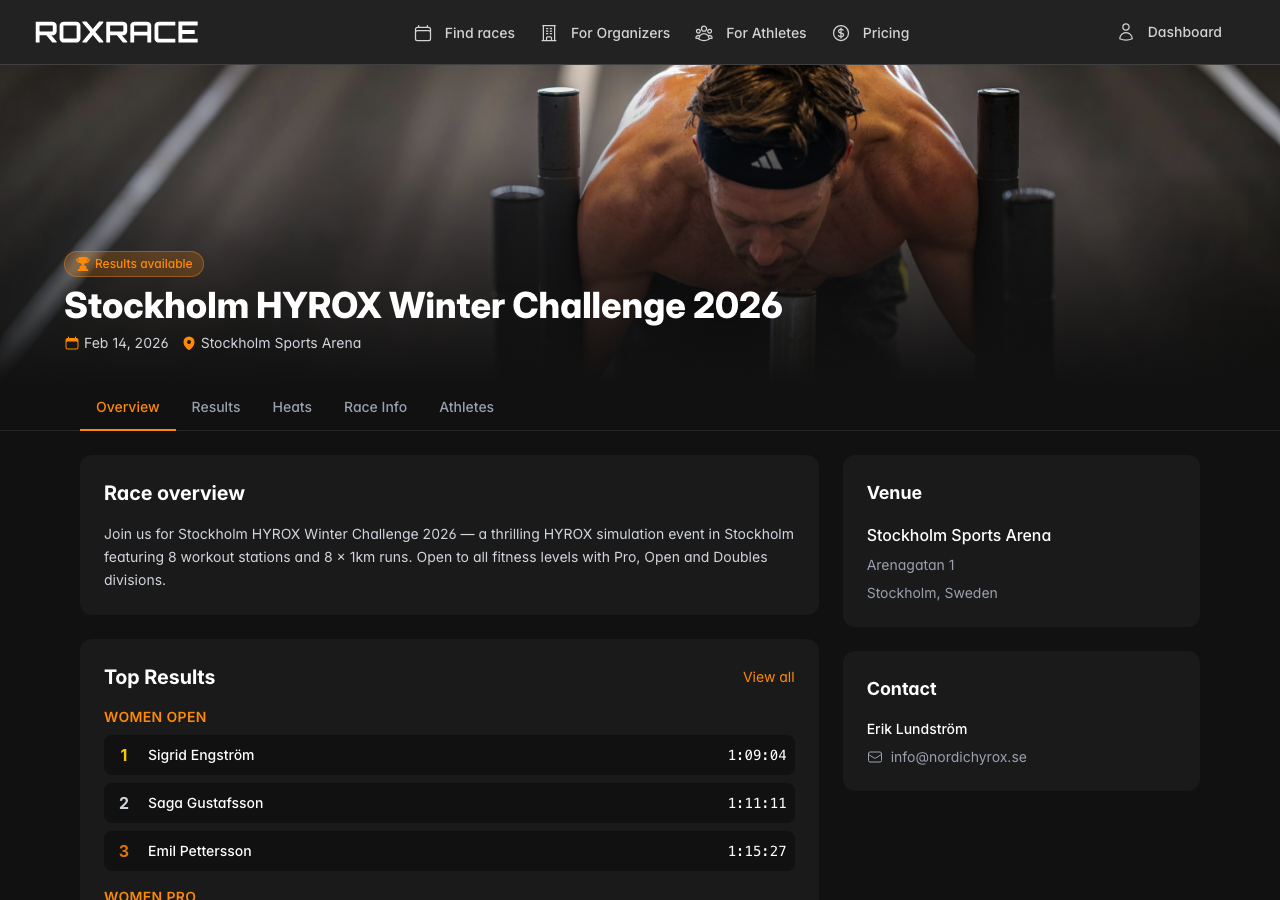 Public race page with results and venue info