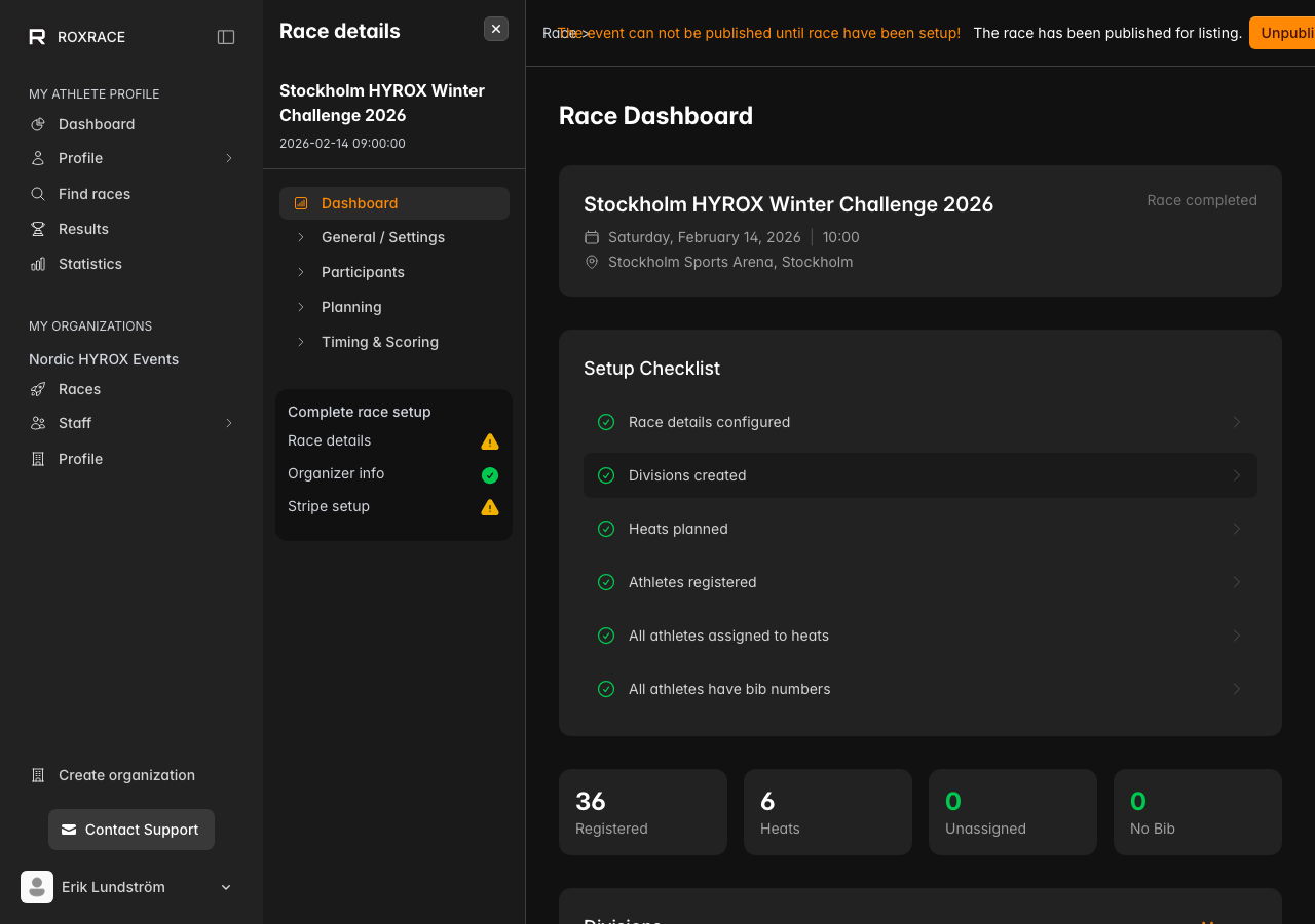 Race dashboard with setup checklist