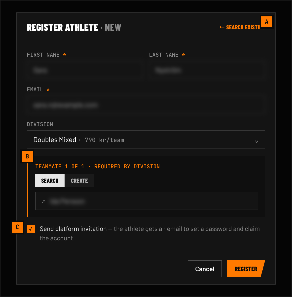 Register athlete modal in create mode, showing a teammate row and the invitation checkbox