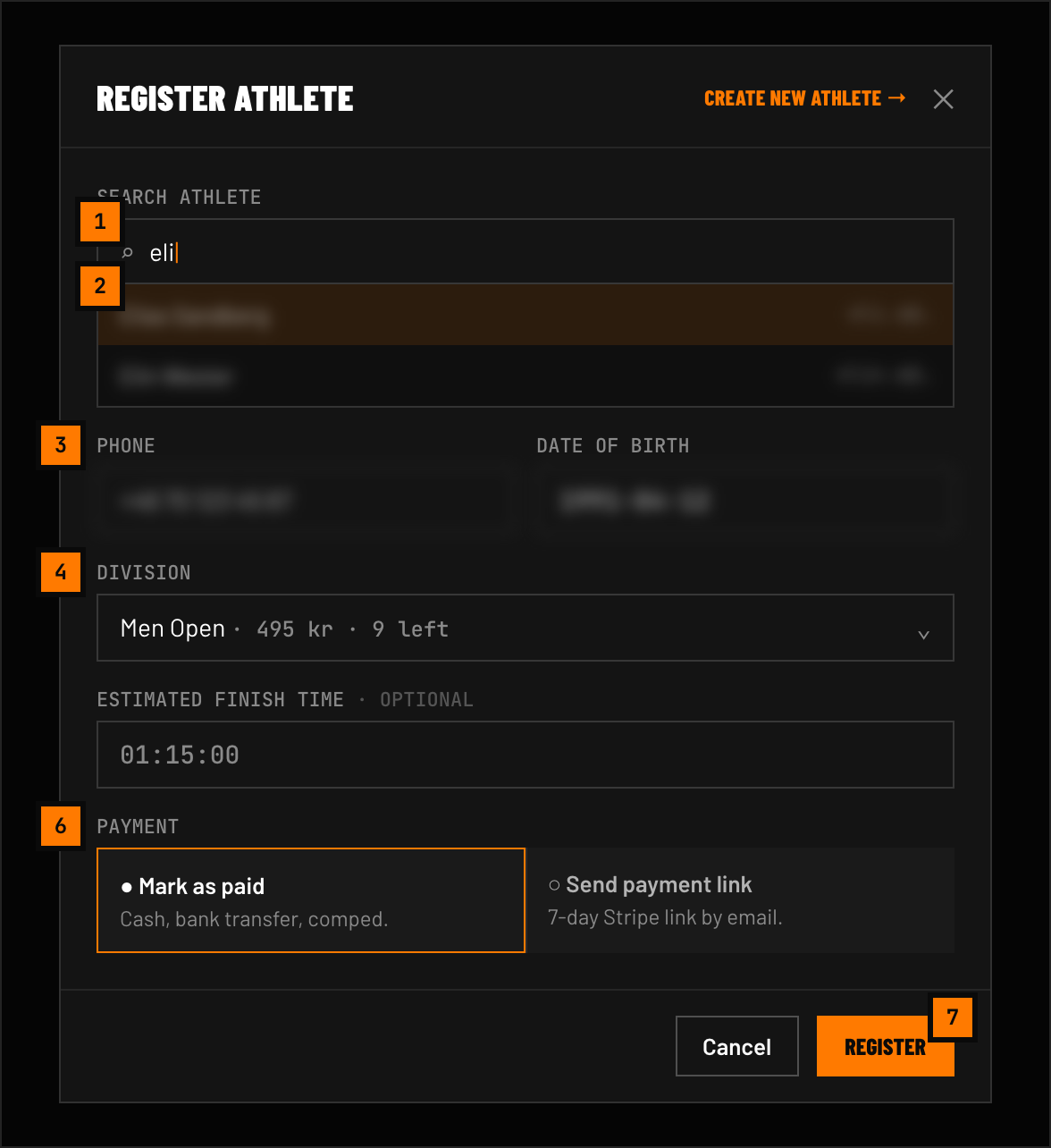 Register athlete modal in search mode